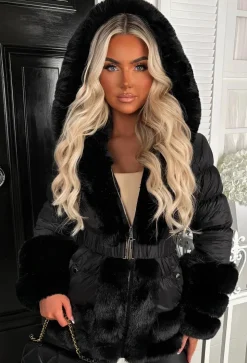 Wrapped In Romance Black Faux Fur Trim Belted Puffer Coat