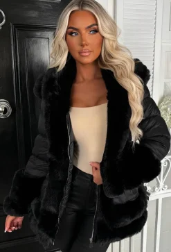 Wrapped In Romance Black Faux Fur Trim Belted Puffer Coat