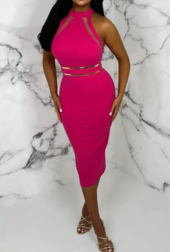 Your Favourite Hot Pink Stretch Mesh Panel Belted Midi Dress