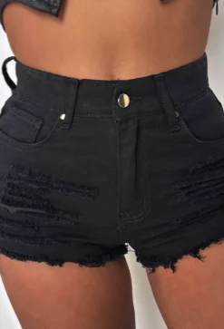 Your Honey Black Stretch Raw Edge Distressed Denim Shorts