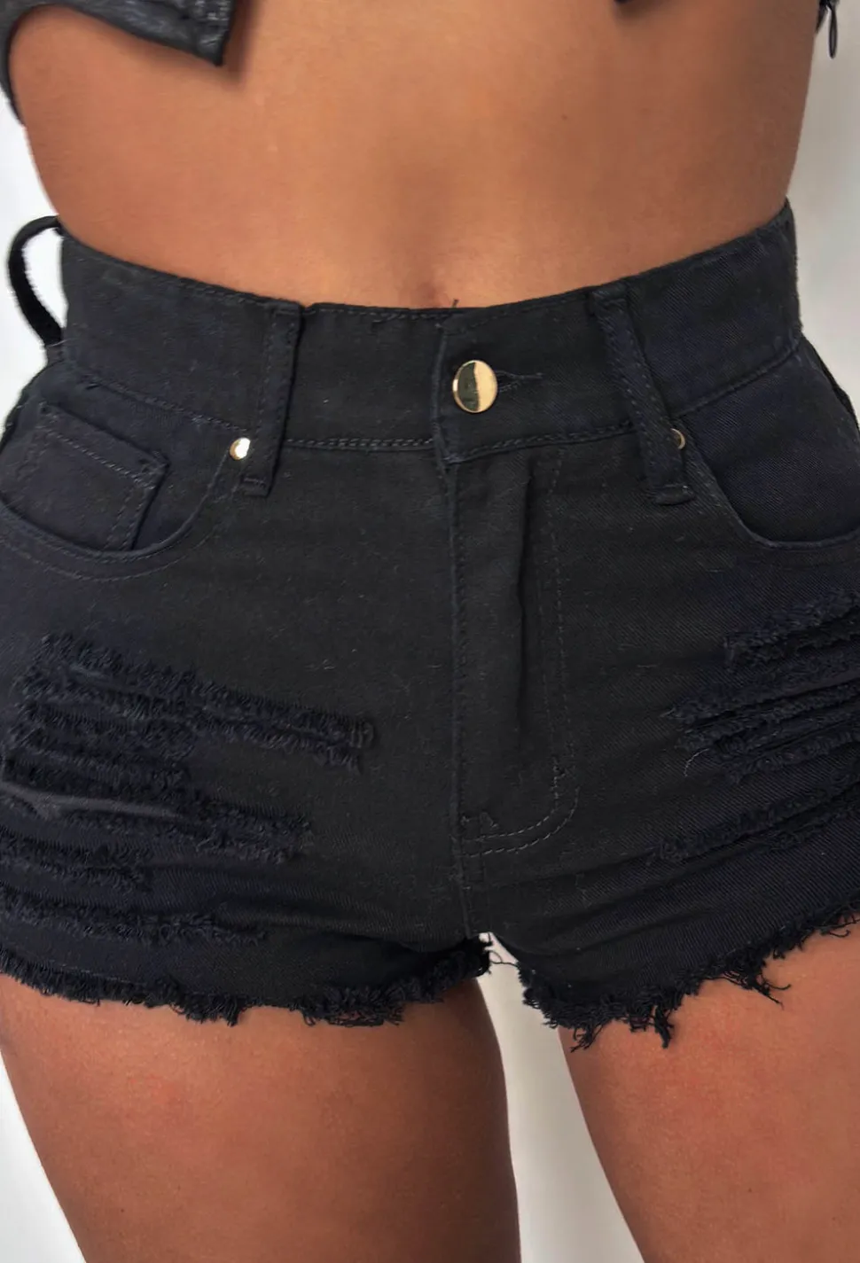 Your Honey Black Stretch Raw Edge Distressed Denim Shorts