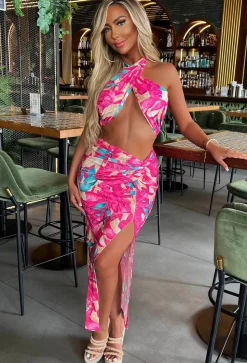 Your Paradise Pink Tropical Halterneck Bandeau Midi Skirt Co-Ord Set