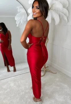 Your Secret Red Lace Up Midi Dress