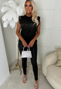 Yours Only Black Embellished Shoulder Pad T-Shirt