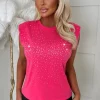 Yours Only Hot Pink Embellished Shoulder Pad T-Shirt