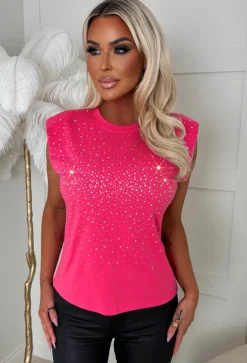 Yours Only Hot Pink Embellished Shoulder Pad T-Shirt