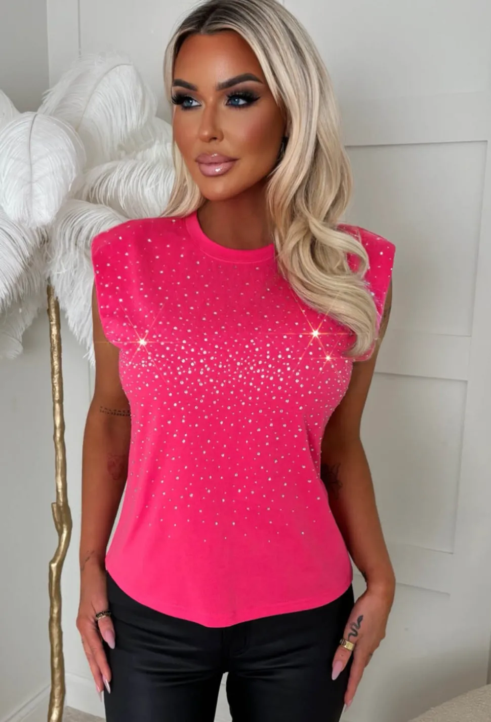 Yours Only Hot Pink Embellished Shoulder Pad T-Shirt