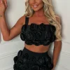 Zariah Black Luxury Satin Rose Detail Co-Ord