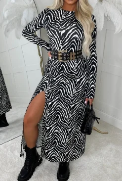 Zebra Chic Monochrome Animal Print Long Sleeve Stretch Midi Dress