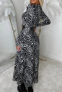 Zebra Chic Monochrome Animal Print Long Sleeve Stretch Midi Dress