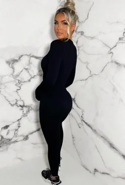Zip Me Up Black Long Sleeve Waist Cinching Zip Up Unitard