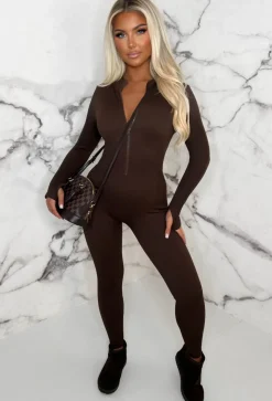 Zip Me Up Brown Long Sleeve Waist Cinching Zip Up Unitard