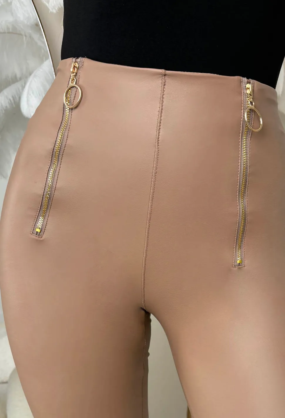 Zipped In Beige Faux Leather Zip Front Leggings